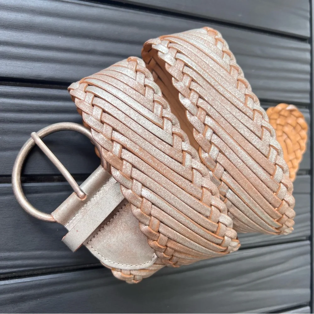 Another Line Leather Braided Belt XL Tan Silver Adjustable Rustic Boho Chic 43”